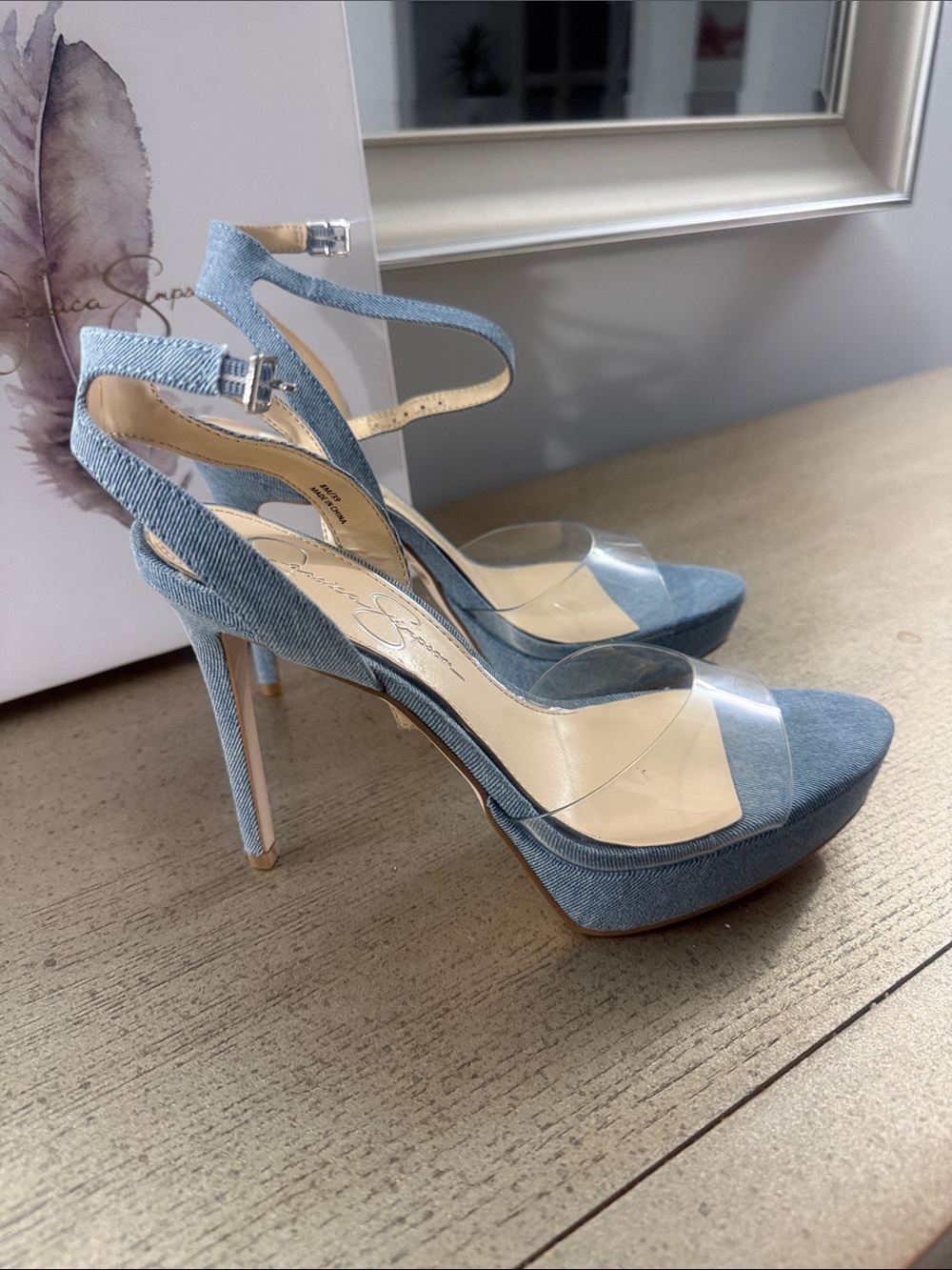 Jessica Simpson Light Blue Denim Clear Strap Ankle-Heel Sandals - Picture 3 of 6